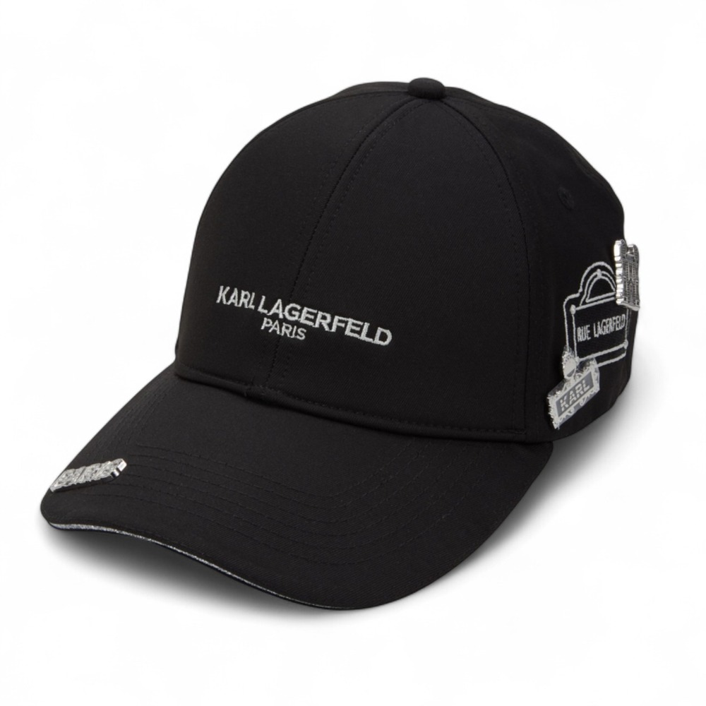 Karl Lagerfeld Paris Adult Cap Adjustable Black Hat with Pins Charms NEW w/ Tag